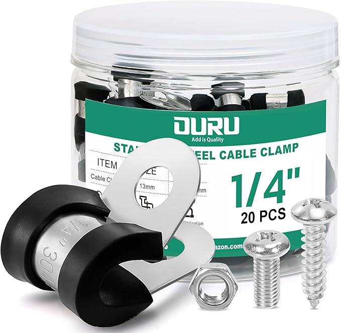 20PCS 1/4 Inch Cable Clamps with 45PCS Screws Assortment Kit 304 Stainless Steel Rubber Cushioned Insulated Cable Clamp, Automotive Wire Pipe Clamps(6mm)