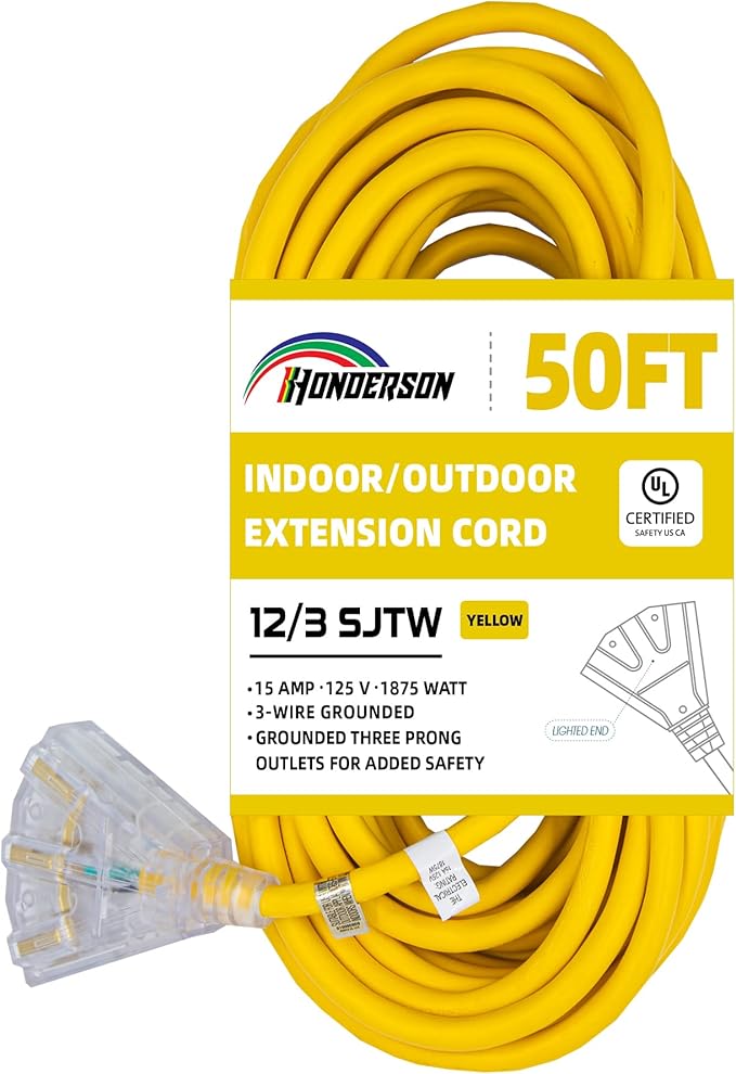 3-Outlets Indoor Outdoor Extension Cord Weatherproof with Lighted End, UL Listed, 12 Gauge 50FT Yellow 3 Prong Heavy Duty, 12/3 SJTW 15A Extension Cord