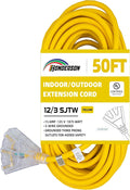 3-Outlets Indoor Outdoor Extension Cord Weatherproof with Lighted End, UL Listed, 12 Gauge 50FT Yellow 3 Prong Heavy Duty, 12/3 SJTW 15A Extension Cord
