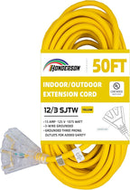 3-Outlets Indoor Outdoor Extension Cord Weatherproof with Lighted End, UL Listed, 12 Gauge 50FT Yellow 3 Prong Heavy Duty, 12/3 SJTW 15A Extension Cord