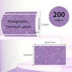 3x2 Inch Holographic Thermal Labels, Purple Thermal Sticker Labels, Glitter Thermal Stickers for DIY Custom Logo, Perforation Line Design- 200 Sheets