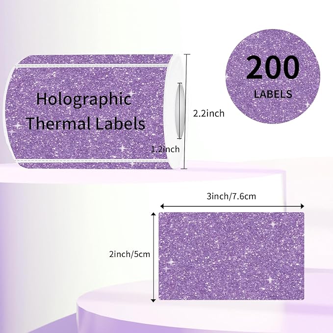 3x2 Inch Holographic Thermal Labels, Purple Thermal Sticker Labels, Glitter Thermal Stickers for DIY Custom Logo, Perforation Line Design- 200 Sheets