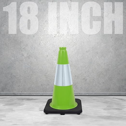 Fluorescent Orange/Green PVC Traffic Cones, Heavy Black Base Parking Lot Cone Structurally Stable Weatherproof Road Construction Safety Cones (4, Green, 18" Medium)