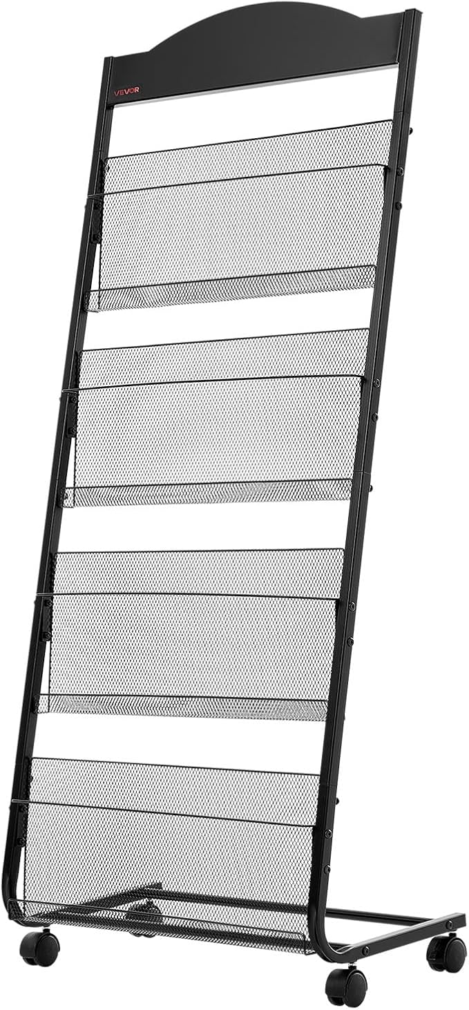 VEVOR Brochure Display Rack, 4-Tier Magazine Literature Display Stand with Wheels, Movable Floor Standing Magazine Rack, Heavy Duty Newspaper Catalog Holders for Shop Exhibitions Office Craft Fairs