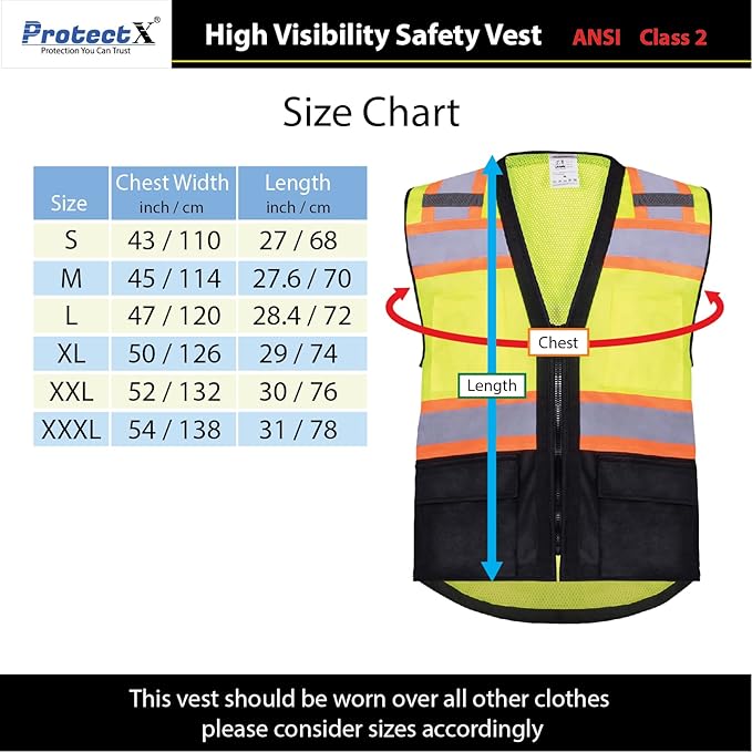 ProtectX 6 Pockets High Visibility Safety Vest for Men Women Class 2 Reflective Hi Vis Work Construction Vest