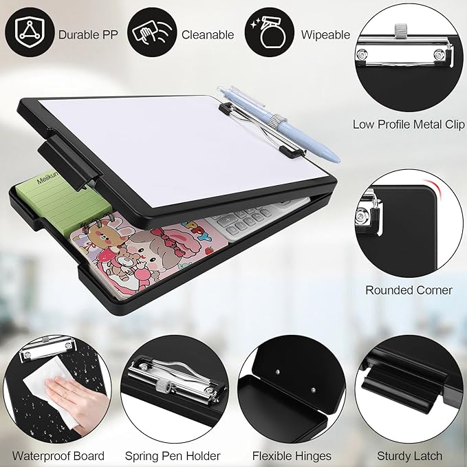 Small Clipboard with Storage, A5 Clipboards with Pen Holder, Half Letter Clip Boards 6x9 Mini Plastic Clipboard with Low Profile Clip for Classroom, School, Office Supplies (Black)