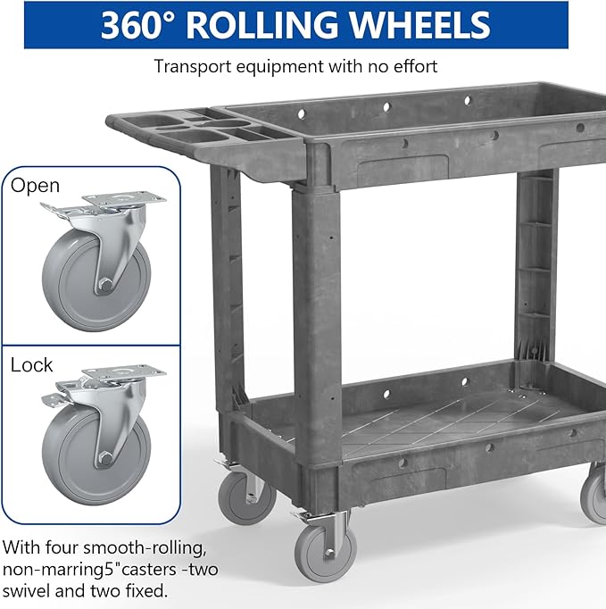 550LBS Utility Cart, 2-Tier 40 * 17 Inch Utility Cart with Wheels,Heavy Duty Service Cart-Lipped Shelves,Ergonomic Storage Handle and Swivel Wheels for Warehouse, Garage, Cleaning,Gray