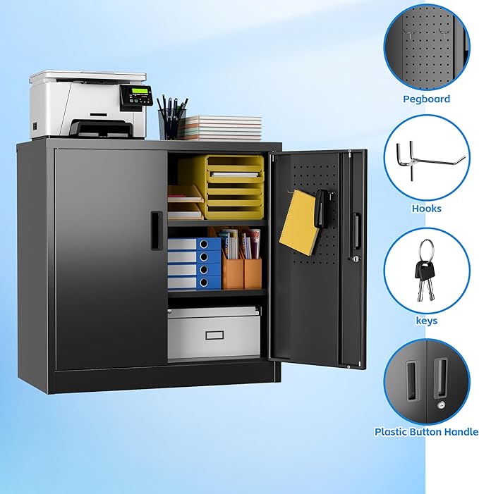 Metal Storage Cabinet, Garage Storage Cabinet with 2 Lockable Doors and 2 Adjustable Shelves, Steel File Cabinets with Lock and Pegboard for Home, School, Office, Garage, Black
