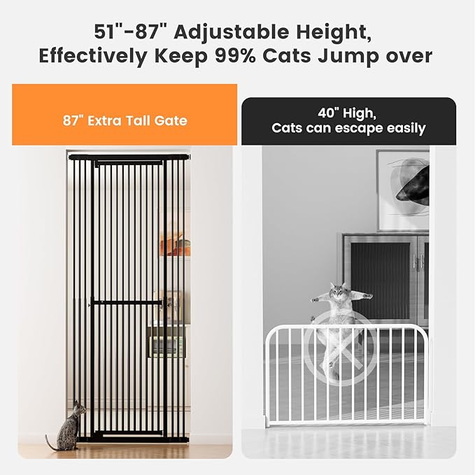 Gardner Pet 51"-87" Extra Tall Cat Gate for Doorway, Wide Adjustable 27.56"-37" Baby Gate Included 4 Extension Kits, Pressure Mounted Safety Full Door Gate for Stairs, Studio, Kitchen (Black)