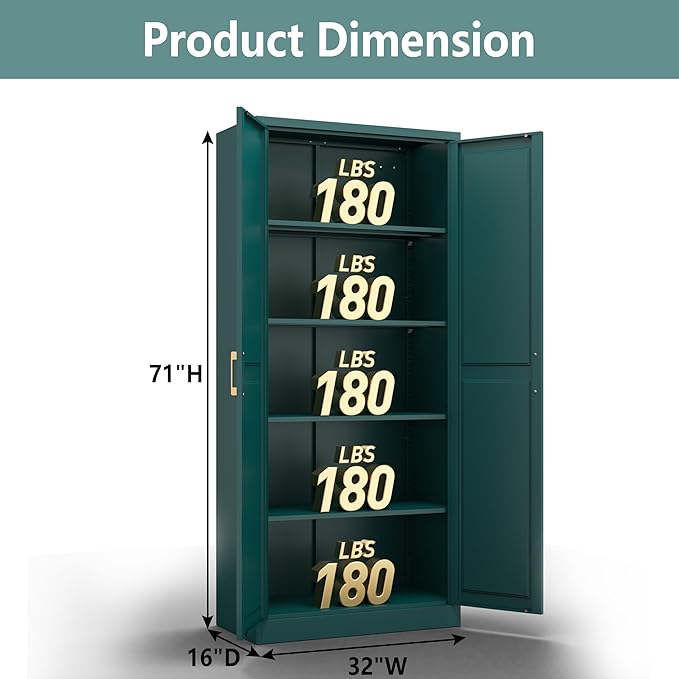Kitchen Pantry Cabinet, 71 Inch Tall Metal Pantry Cabinet with Doors and Adjustable Shelves, Freestanding Food Cupboard, Storage Cabinets for Dining, Living Room, Green-Teal, Assemble Required