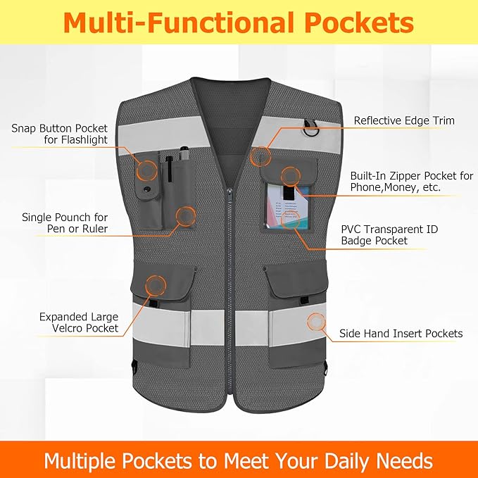 TCCFCCT Mesh Safety Vest 9 Pockets High Visibility Reflective Safety Vest for Men Women, Hi Vis Work Vest with Reinforced Sewing for Workers, Surveyors, Meets ANSI/ISEA, (Grey, 3X-Large)