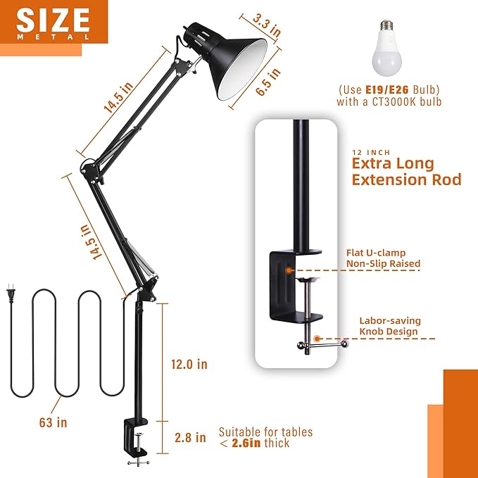 Hypool Desk Lamp w/A19 E26 LED Bulb for Home Office Eye-Caring Metal Extra Tall Swing Arm High Intensity Clamp Flexible Gooseneck Side Table Working Reading Computer Workbench 5000K White Light