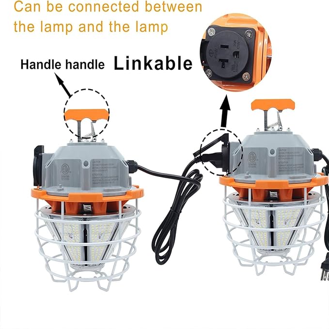 150W LED Temporary Work Light Fixture 110V-277V 25000ML 5000K Light Daylight White,Jobsite Lighting,Stainless Steel Protective Cover for Outdoor Construction High Bay Warehouse