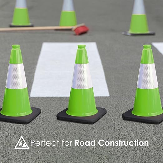 Fluorescent Orange/Green PVC Traffic Cones, Heavy Black Base Parking Lot Cone Structurally Stable Weatherproof Road Construction Safety Cones (8, Green, 18" Medium)