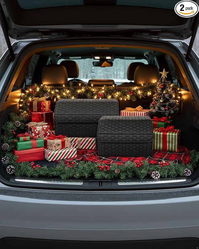 Owleys Car Storage Organizer Bundle - Two Foldable Crates For Groceries, Gear & Trips - Durable SUV And Truck Storage Set - Thoughtful Birthday Gifts For Drivers (Black 17+21)