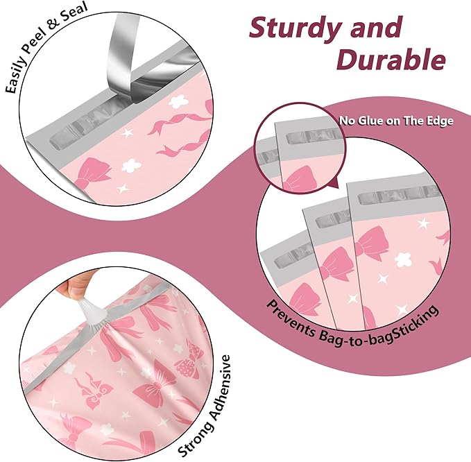 Poly Mailers 6x9 Inch 100 Pcs - Pink Bow printed Shipping Bags, 2.4mil Thickness, Waterproof and Tear Resistant Mailing Envelopes, Self-Sealing Packaging Bags for Small Business
