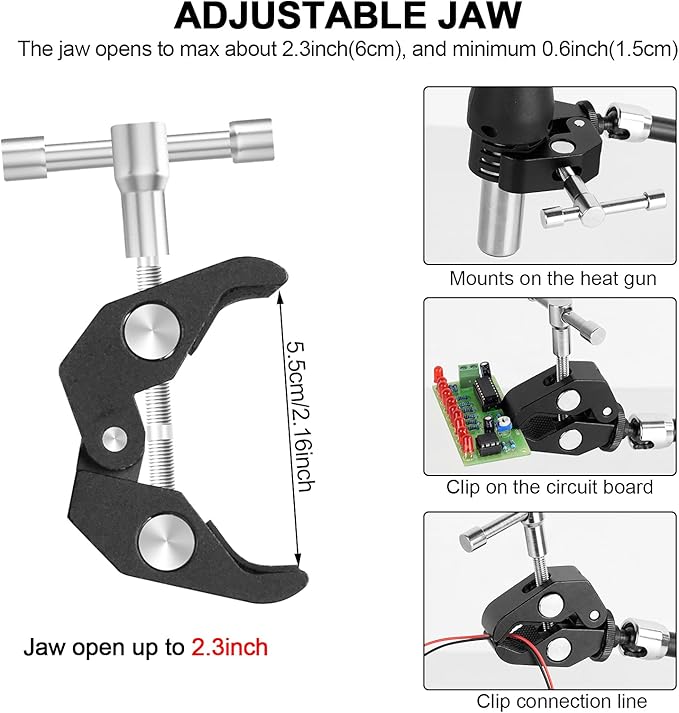 Helping Hands Magnetic Soldering Clamp with 2.16-inch Jaw Opening, Super Clamp with 1/4 and 3/8 Thread, Flexible Articulating Arms with Clamps, Magnetic PCB Clip for Heat Gun Repairing DIY Work