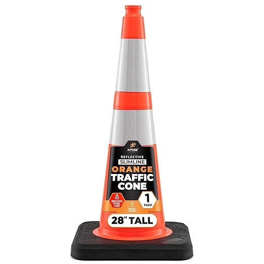 Xpose Safety 28 Inch Orange Slim Line Traffic Cones Heavy Duty 10lb with 6" & 4" Collars, 1 Pack Multipurpose PVC Plastic Safety Cone for Parking, Soccer, Caution, Kids & Construction - DOT Approved