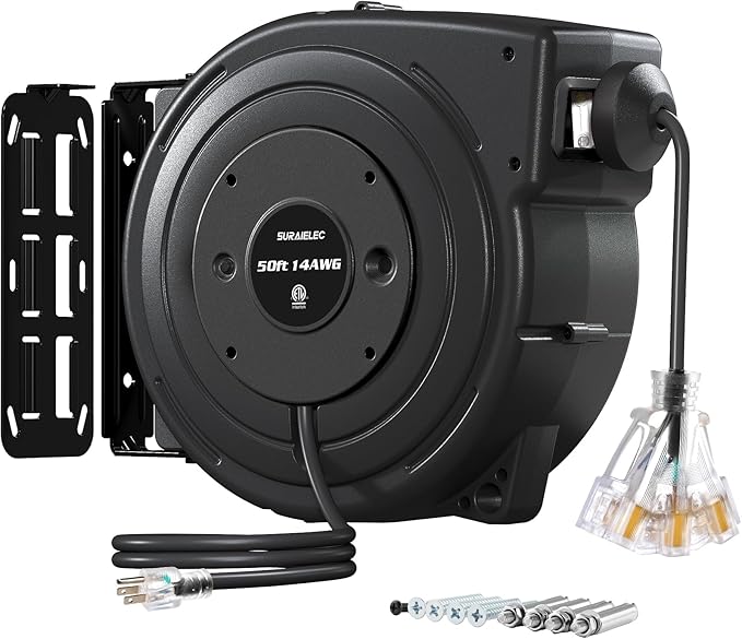 SURAIELEC 50FT Retractable Extension Cord Reel, 14AWG/3C SJTOW Heavy Duty Power Cord with Lighted Triple Tap, 13A Circuit Breaker, Ceiling/Wall Mount for Garage, Shop, Workshop, ETL Listed, Black