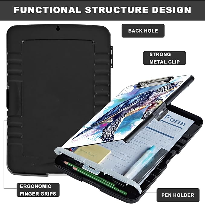 Heavy Duty Plastic Clipboard with Storage & Pen Holder, Low Profile Clip - Blue Turtle