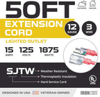 Iron Forge Cable 50 ft Lighted Outdoor Extension Cord - 12/3 SJTW Heavy Duty Red Extension Cable with 3 Prong 15 AMP Grounded Plug for Safety