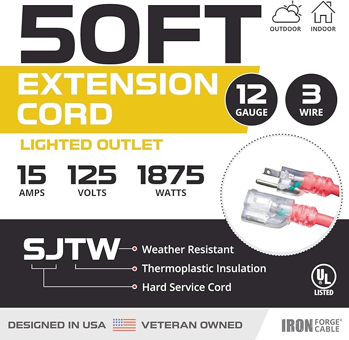 Iron Forge Cable 50 ft Lighted Outdoor Extension Cord - 12/3 SJTW Heavy Duty Red Extension Cable with 3 Prong 15 AMP Grounded Plug for Safety