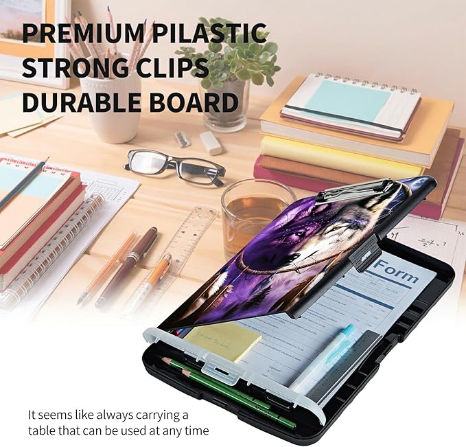 Clipboard with Storage High Capacity Plastic Nursing Clipboards with Pen Holder File Folder Storage Box Clipboard with Heavy Duty Clips for Teacher,Doctor,Offices-Dream Catcher Wolfs