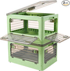 32Qt Plastic Storage Bins with Lid, Collapsible Storage Bins with Wheels, Storage Boxes with 4 Doors, Stackable Storage Bins for Organizing Clothes, Snacks and Camping, 2-Pack (Green)