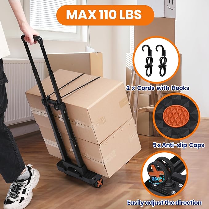 Folding Hand Truck, Dolly Cart with 4 Wheels & 2 Elastic Ropes, Adjustable Handle Foldable Dolly, Lightweight Portable Hand Cart for Luggage, Travel, Shopping, Moving, Airport, Office