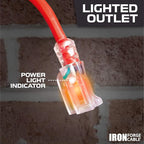 Iron Forge Cable 50 ft Lighted Outdoor Extension Cord - 12/3 SJTW Heavy Duty Red Extension Cable with 3 Prong 15 AMP Grounded Plug for Safety