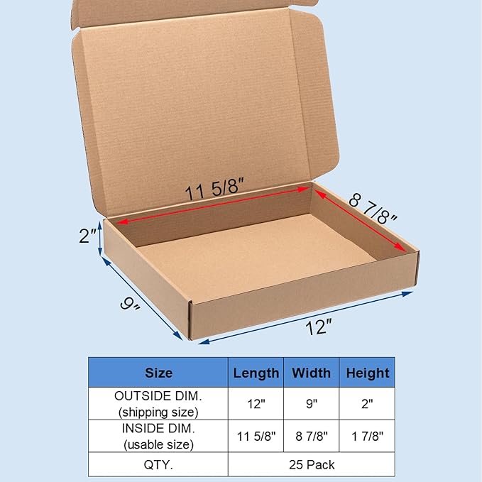 Shipping Boxes 12x9x2" 25 Pack - Brown Corrugated Cardboard Mailing Box for Small Business, Kraft Medium Literature Mailer Packaging Supplies