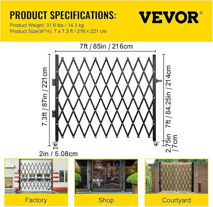 VEVOR Folding Security Door, 87" H x 85" W Accordion Gate, Steel Scissor Gate with Padlock