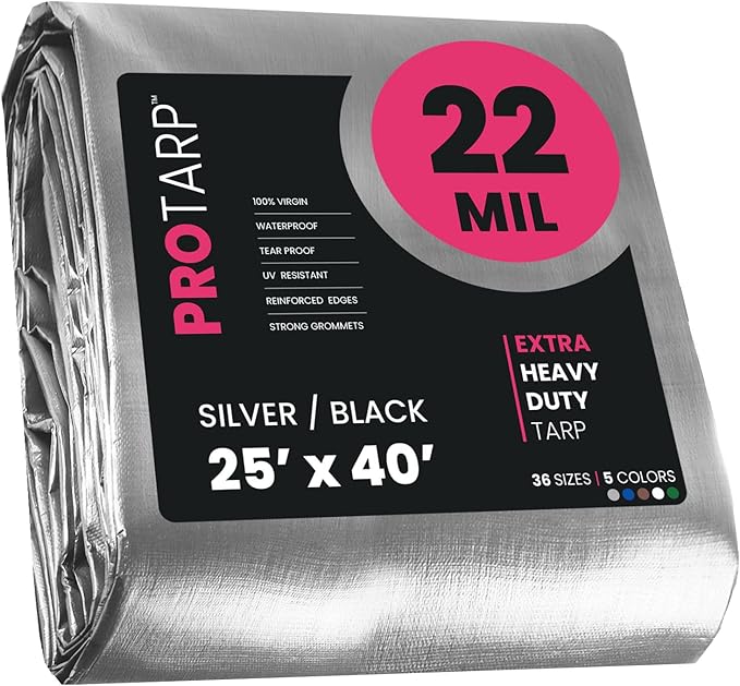 PROTARP Extreme Heavy Duty 22 Mil Tarp Cover, Waterproof, UV Resistant, Rip and Tear Proof, Poly Tarpaulin with Reinforced Edges for Roof, Camping, Patio, Pool, Boat. (Silver/Black 25′ X 40′)