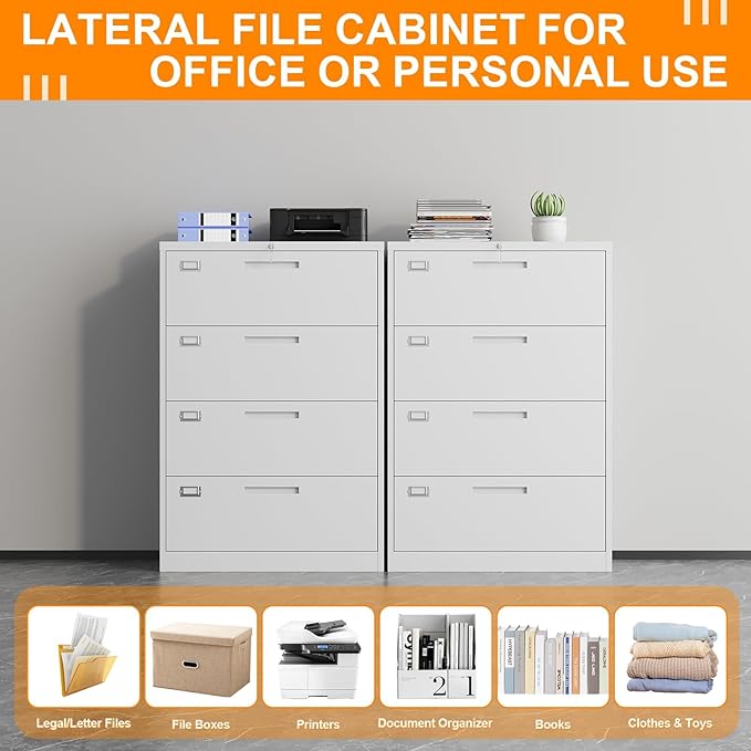 File Cabinet 4 Drawer, Lateral Filing Cabinet with Lock, Metal File Cabinets for Home Office, Office Cabinet for Hanging Files Letter/Legal/F4/A4, Assembly Required, White