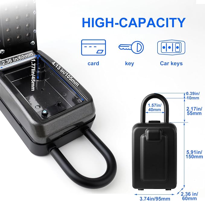 Key Lock Box, 12-Digit Code, Weatherproof Wall Mount, Large Capacity 5-8 Keys, Aluminum Alloy (Silver, 3.58 * 2.24 * 7.8IN with Shackle)