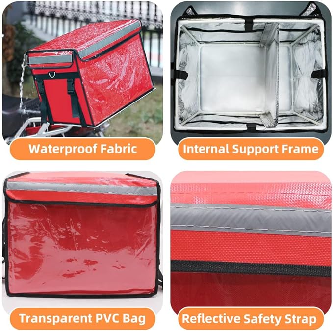 Red Insulated Bags For Food Delivery XL - 18.1" x 13.8" x 13.8", Commercial Insulated Food Delivery Bag w/ Divider, Waterproof & Foldable Catering Bag Food Deliveries, Delivery Pizza Bags 12 Inches