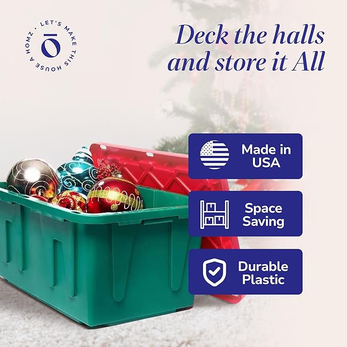HOMZ 4-Pack Durabilt Tote, Heavy Duty Plastic Storage Bins with Lids, 15 Gallon, Green/Red - Stackable Organizing Containers for Home, Garage, and Office