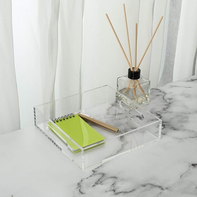 Clear Sturdy Acrylic Tray with Handles-8"x8"x2"H-Countertop Organizer Tray for Kitchen,Bathroom,Office- Storage Box for Cosmetics, Jewelry,Toiletries,Toy,Gadgets