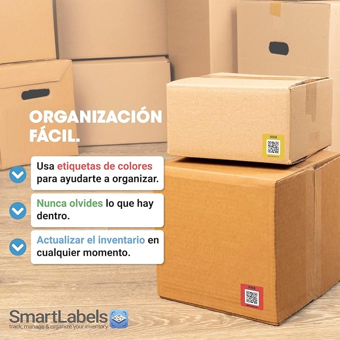 SmartLabels – Etiquetas QR en Español | Paquete de 48 | Etiquetas QR Multicolor | Calcomanías con App para Inventario Fácil, Organización de Bodegas o Etiquetas de Mudanza