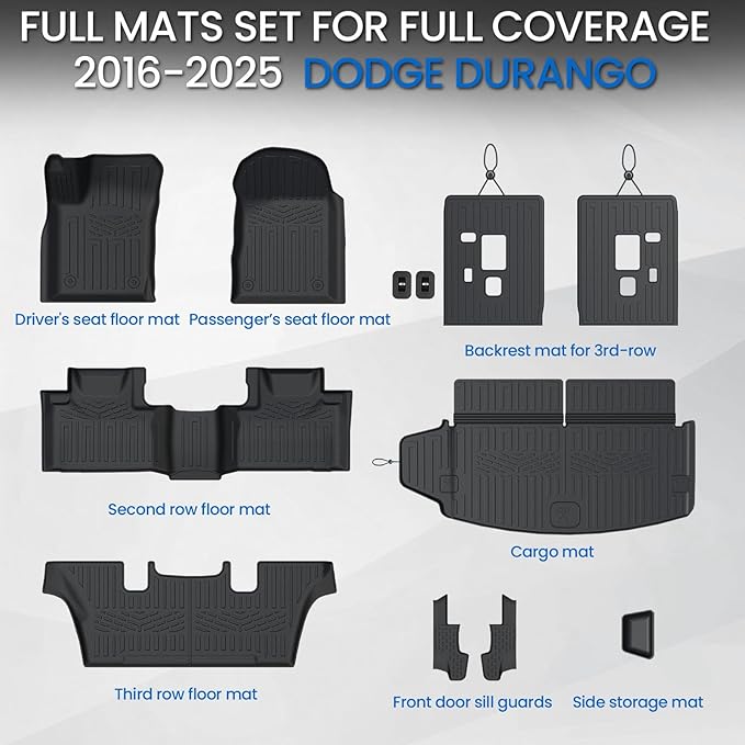 Floor Mats Set for 2016-2026 Dodge Durango (Only for 6 Seats with Captain Chairs), All Weather TPE Backrest Mat Trunk Mat Cargo Liner Door Sill Guards Accessories (6 Seats Floor Mats Set)