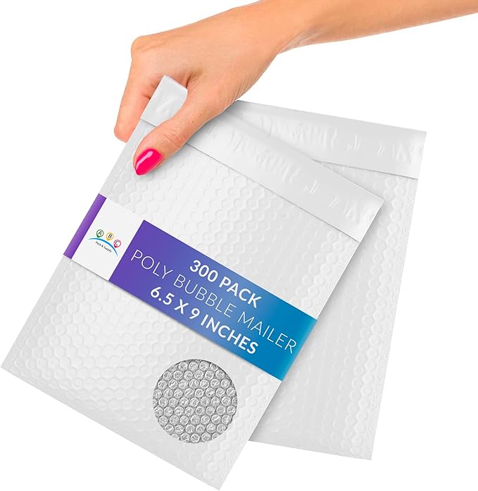 ABC PACK & SUPPLY Poly Bubble Mailers, 6.5 x 9 Inch. Pack of 300 White Padded Envelopes Self Seal. Tear-Proof Gift Bubble Envelopes. Waterproof Packaging for Small Business. Cushioning Book Mailers