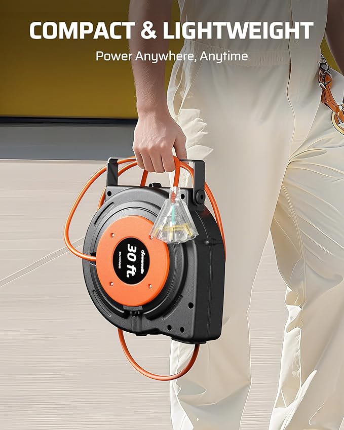 DEWENWILS 30FT Retractable Extension Cord Reel, 16/3C SJTW Heavy Duty Power Cord, Lighted Triple Outlets, 10A Circuit Breaker, Lightweight 180° Swivel Bracket, Ceiling/Wall Mount, ETL Listed, Orange