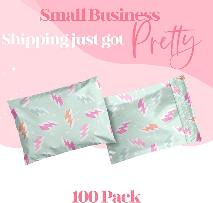 6x9 Designer Poly Mailer 100 Pack Heavy Duty Waterproof Self Seal Shipping Bags for Small Business Large Mailing Envelopes Bulk Tear Resistant Cute Packaging Lightning Bolt