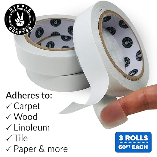 HIPPIE CRAFTER Clear Double-Sided Tape for Crafts, 1 Inch Wide Heavy-Duty Adhesive, Strong Sticky Thin Mounting Tape for Posters, Carpets, and Wall-Safe Use, 3 Rolls, 60ft x 1" Each, 180ft Total