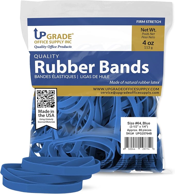 Upgrade Office Supply UPG25764B Rubber Bands, Size 64 (3-1/2 x 1/4), Blue, 80 Bands, 1/4 lb Bag, USA
