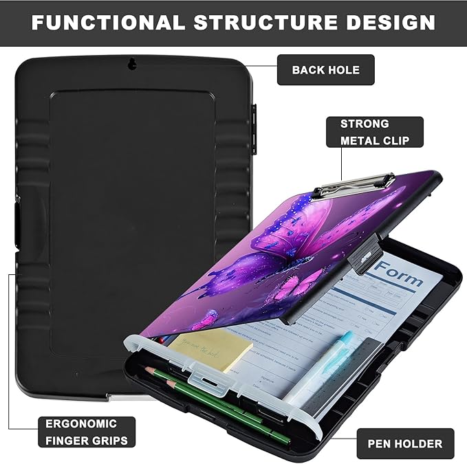 Clipboard with Storage,Heavy Duty Plastic Storage Clipboard with Low Profile Clip,Teacher Must Haves,Office Supplies,Blue Pink Butterfly