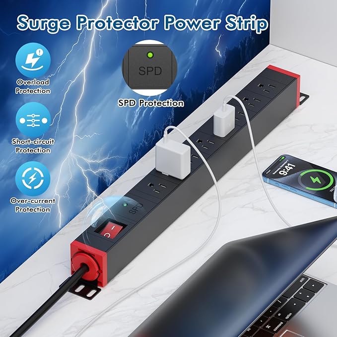 8 Outlet Rack Mount PDU Power Strip, SPD, 1200J Surge Protection & 15A Overload Switch, 360° Rotating Mounting,Fits 19'' Network Server Rack, 5FT Coiled Cord, 1U RackMount