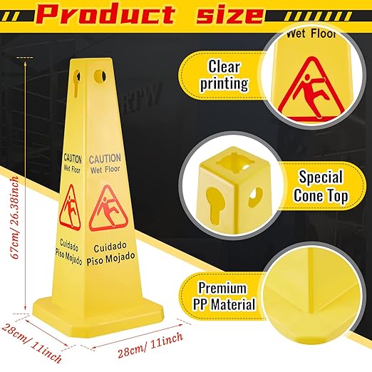 Floor Safety Cone Yellow Caution Wet Floor Sign 4 Sided Wet Cone Sign Public Caution Yellow Avoid Fall Slip Accident for Indoors and Outdoors(10 Pieces)