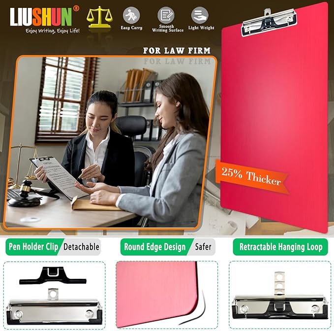 Legal Aluminum Clipboard Metal w/Stainless Hangable Pen Holder Writing Low Profile Large Clip Board 9" x 15.5" Message Tabletop for Lawers Office Business Workshop Factory Supplies (Red, Legal)