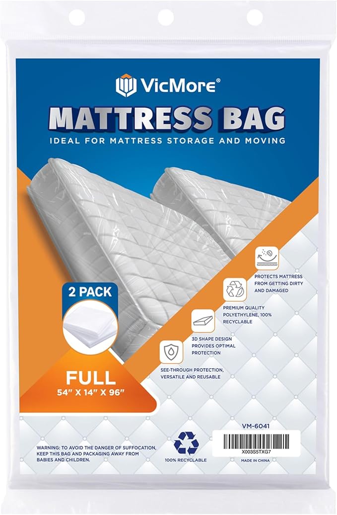 VICMORE 2 Pack Full Mattress Bags for Moving, Storage & Disposal – Clear Heavy-Duty Plastic Covers, Tear-Resistant & Dustproof, Recyclable (Fits Full/Double Beds)